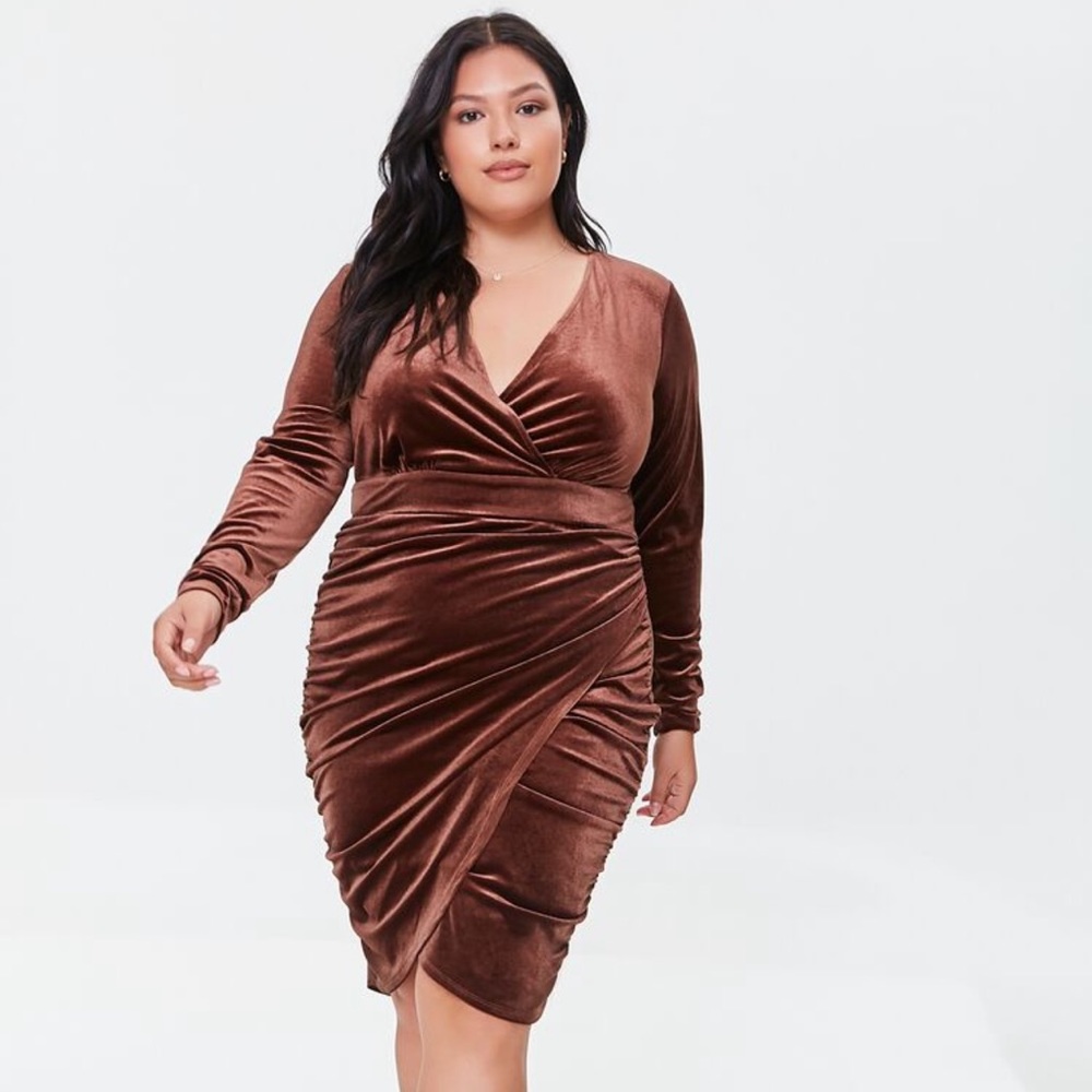 Forever 21 Plus Size Chocolate Brown Mock Wrap Drap Long Sleeve Velvet Dress 3X
